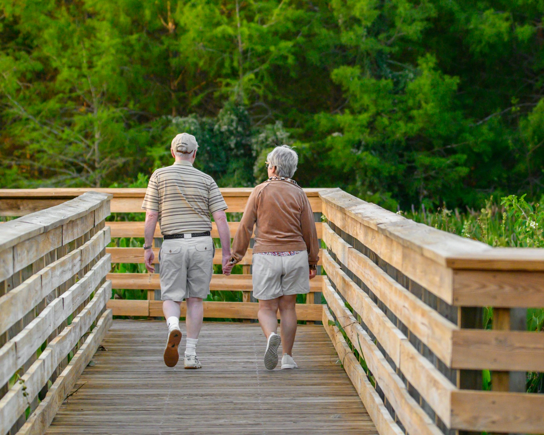 An older couple walking on a boardwalk through trees